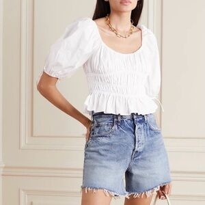 This is a STAUD Faye cropped shirred stretch-cotton top in white L